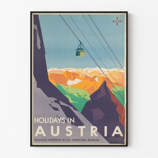 Vintage Poster Holidays in Austria - Vintage Mountain and Cable Car Wall Decoration