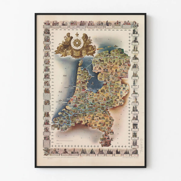 Illustrated map poster of Holland with its cities and traditional activities