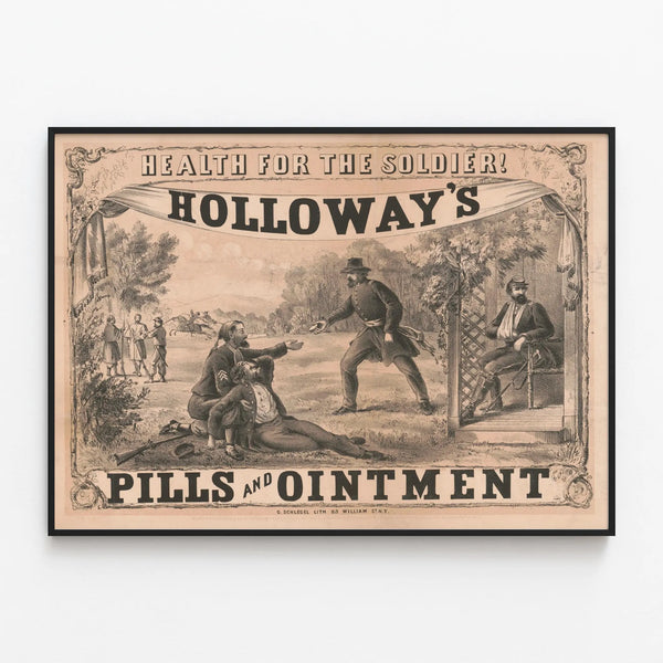 Vintage advertisement poster for Holloway's Pills and Ointment — framed artwork on a wall