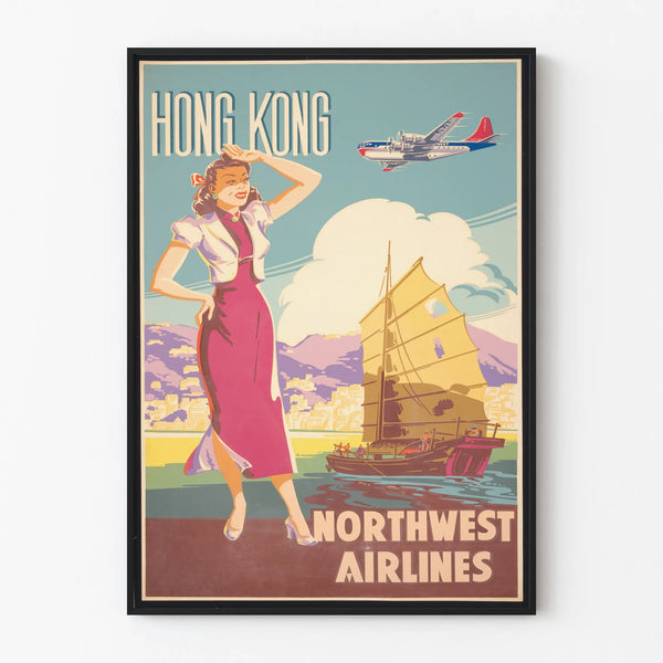 Vintage Hong Kong Northwest Airlines Poster - Travel Wall Decoration