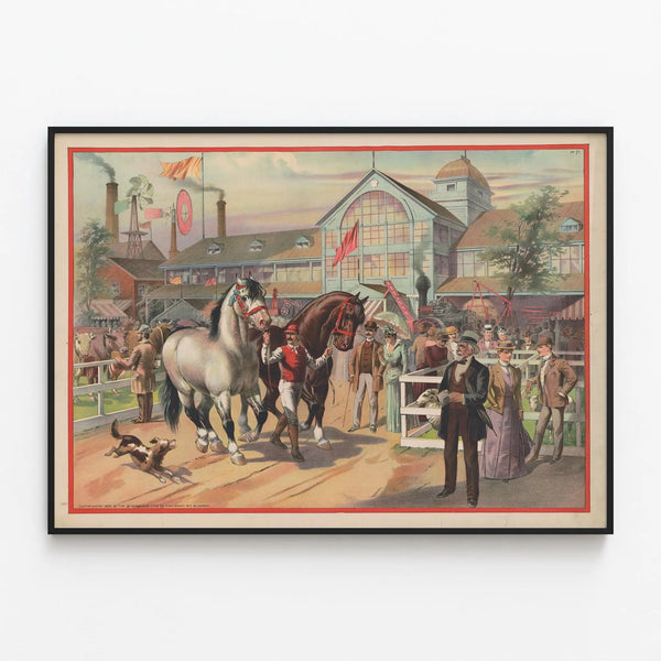 Vintage Poster of Agricultural Fair with Horses and Jockeys — framed artwork on a wall