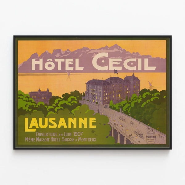Vintage Poster Hôtel Cecil Lausanne 1907 — framed artwork on a wall