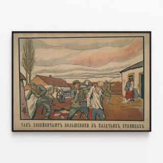 Historical poster of Bolshevik punishment in a village — framed artwork on a wall