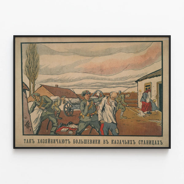 Historical poster of Bolshevik punishment in a village — framed artwork on a wall