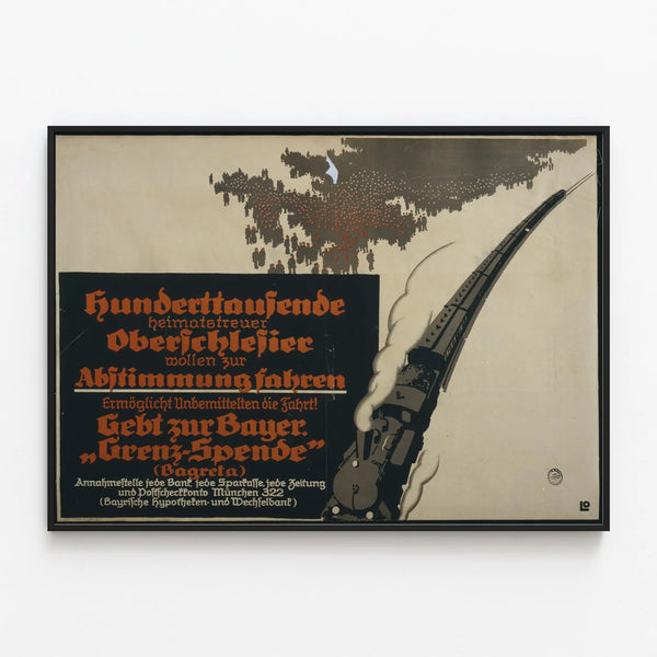 Vintage train and German crowd poster for regional vote — framed artwork on a wall