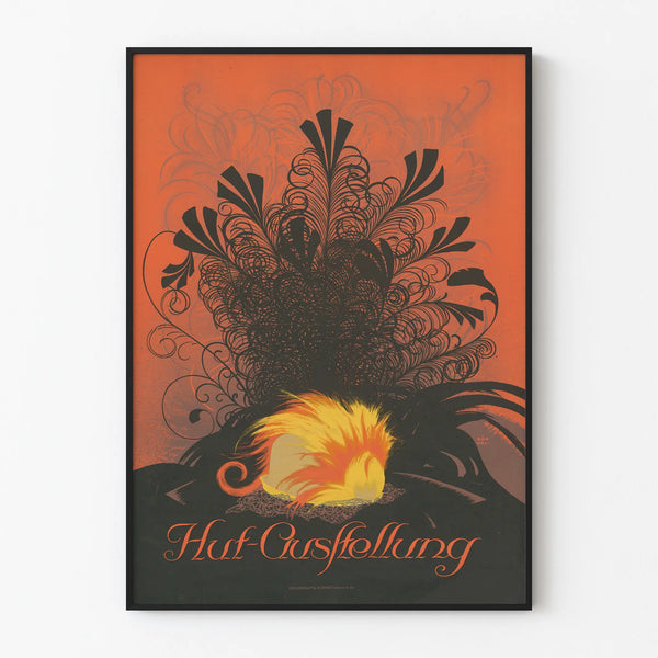 Vintage decorative poster Hut Exhibition with black and orange feather