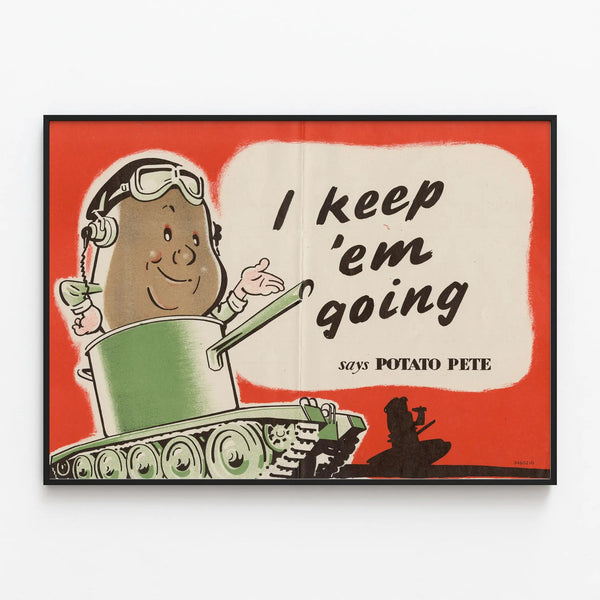 Vintage poster of Potato Pete in a tank - humorous wall decoration — framed artwork on a wall
