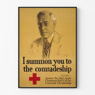 Vintage poster calling for the universality of the Red Cross with portrait of Woodrow Wilson