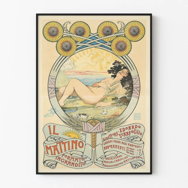 Vintage Art Nouveau Poster Il Mattino with feminine study and sunflowers