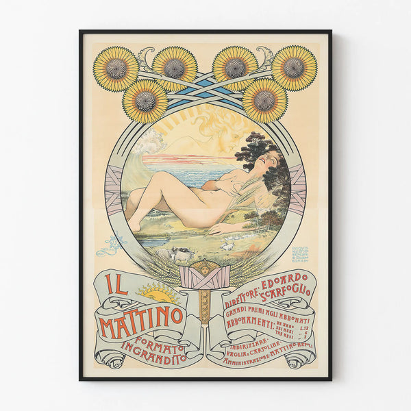 Art Nouveau Poster Il Mattino with sunflowers and a feminine figure