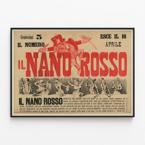 Vintage poster Il Nano Rosso Italian humorous magazine — framed artwork on a wall