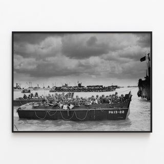 Landing craft with soldiers and Allied vehicles - Normandy landings — framed artwork on a wall