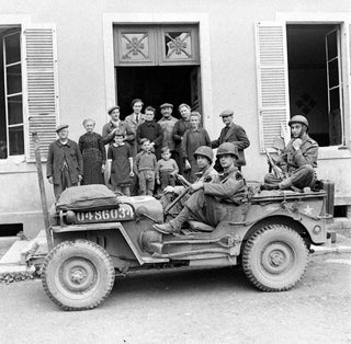 Military jeep with soldiers and civilians - Normandy landings — artwork view