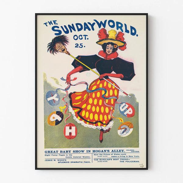 Vintage poster The Sunday World featuring a woman in a colorful dress with football motifs