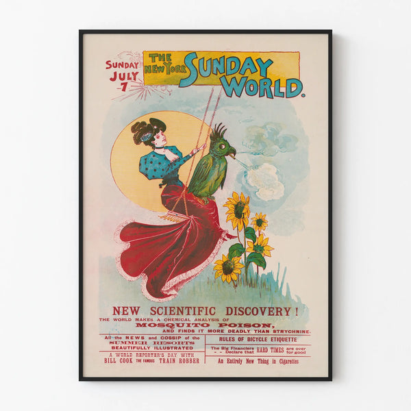 Vintage poster The New York Sunday World - Woman on a swing with a smoking bird