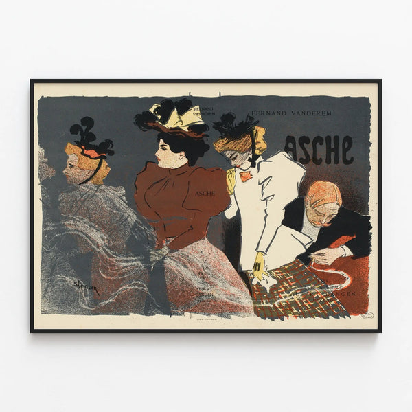 Vintage illustration poster for Asche by Fernand Vandérem — framed artwork on a wall