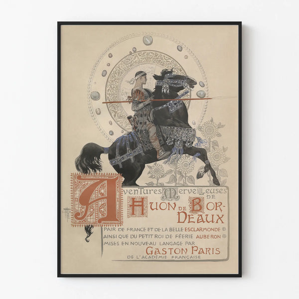 Vintage decorative poster of Huon de Bordeaux on horseback