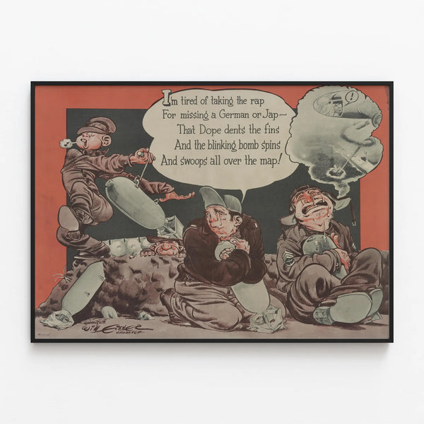 Vintage humorous poster of soldiers and bombs — framed artwork on a wall