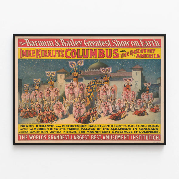 Vintage poster Imre Kiralfy's Columbus and the Discovery of America — framed artwork on a wall