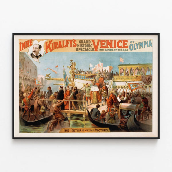 Vintage poster of the historic spectacle Venice Olympia — framed artwork on a wall