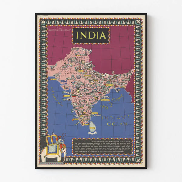 Vintage Industrial and Agricultural Map Poster of India