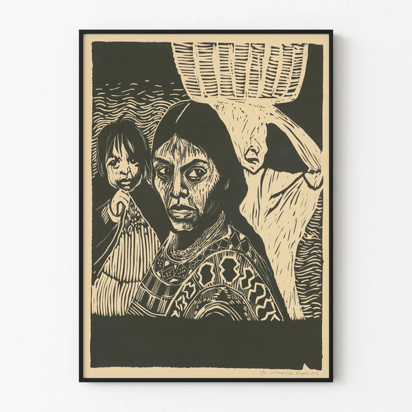 Black and white poster of an indigenous woman and child