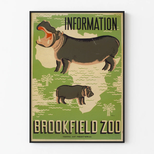 Vintage Hippopotamus Poster Brookfield Zoo Wall Decoration