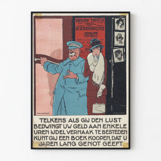 Vintage cinema poster with woman and doorman at the entrance