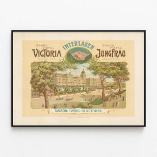 Vintage Poster of Hôtel Victoria and Hôtel Jungfrau Interlaken — framed artwork on a wall