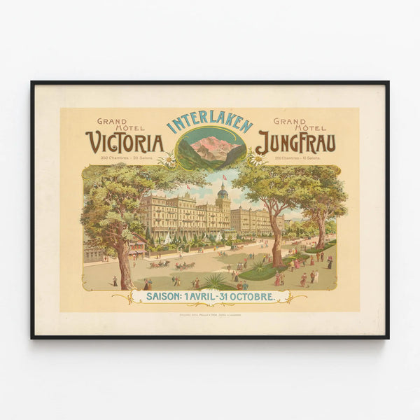 Vintage Poster of Hôtel Victoria and Hôtel Jungfrau Interlaken — framed artwork on a wall