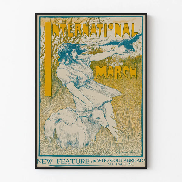 Vintage International March decorative poster with woman, dogs, and bird