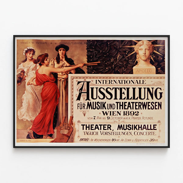 Vintage Poster International Exhibition Vienna 1892 Music and Theatre — framed artwork on a wall