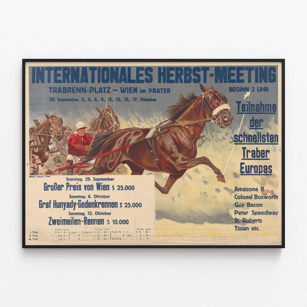 Vintage Poster of Harness Racing in Vienna - International Autumn Meeting — framed artwork on a wall
