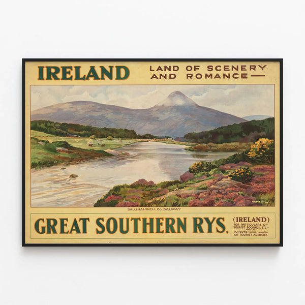 Vintage Poster Ireland Romantic Landscape Ballinahinch Galway — framed artwork on a wall
