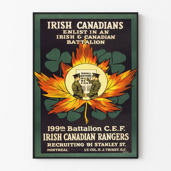 Vintage Irish Canadians Poster 199th Battalion C.E.F. Historical Wall Decoration