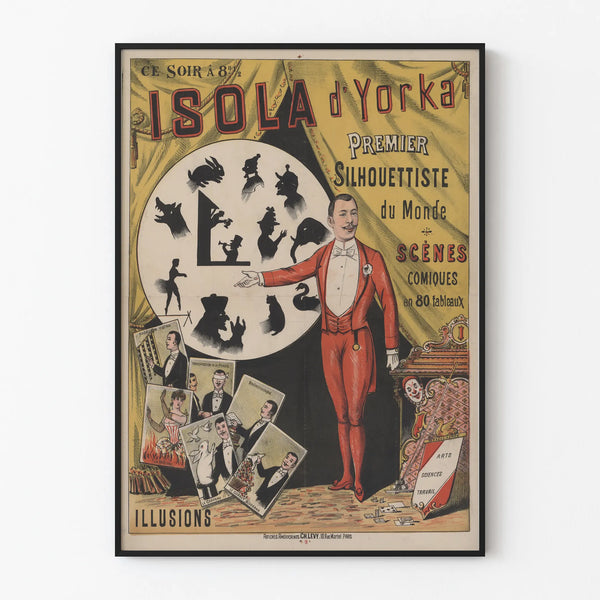 Vintage poster of Isola d'Yorka, silhouette and comic illusions
