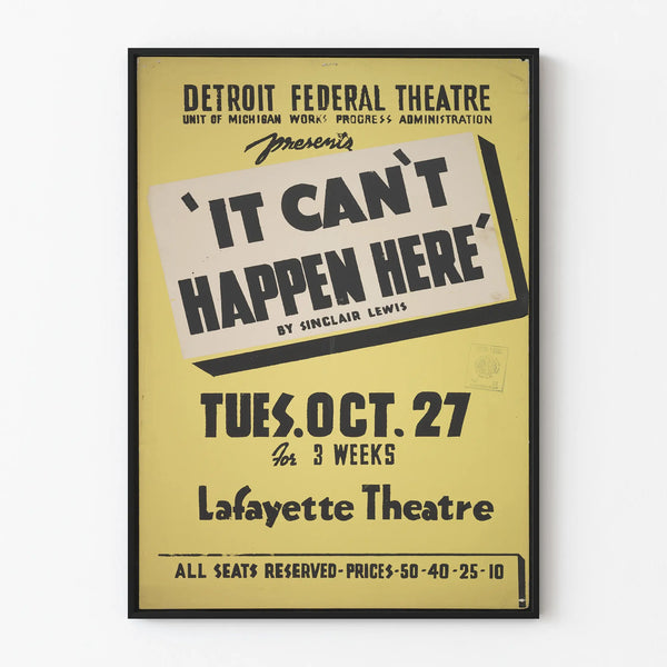 Vintage Wall Decoration Poster for 'It Can't Happen Here' Theater