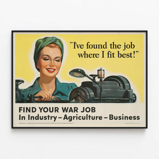 Vintage industrial and agricultural-inspired poster - Find your war job — framed artwork on a wall