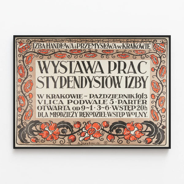 Vintage poster for the artistic exhibition Izba in Kraków — framed artwork on a wall