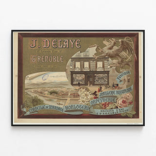 Vintage Poster J. Delaye Jewelry and Watchmaking in Grenoble — framed artwork on a wall