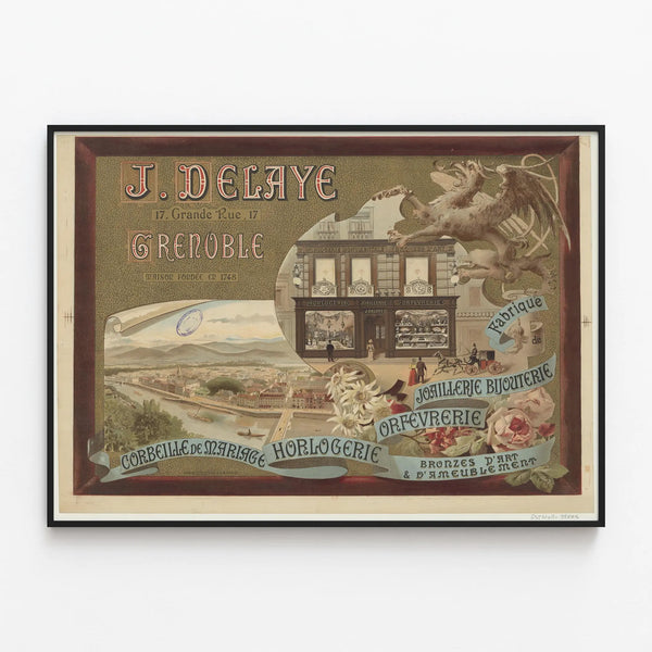 Vintage Poster J. Delaye Jewelry and Watchmaking in Grenoble — framed artwork on a wall