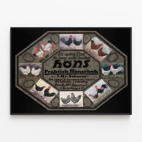 Vintage decorative poster of poultry - Praktisk Hønsebok by J. Kr. Selmer — framed artwork on a wall