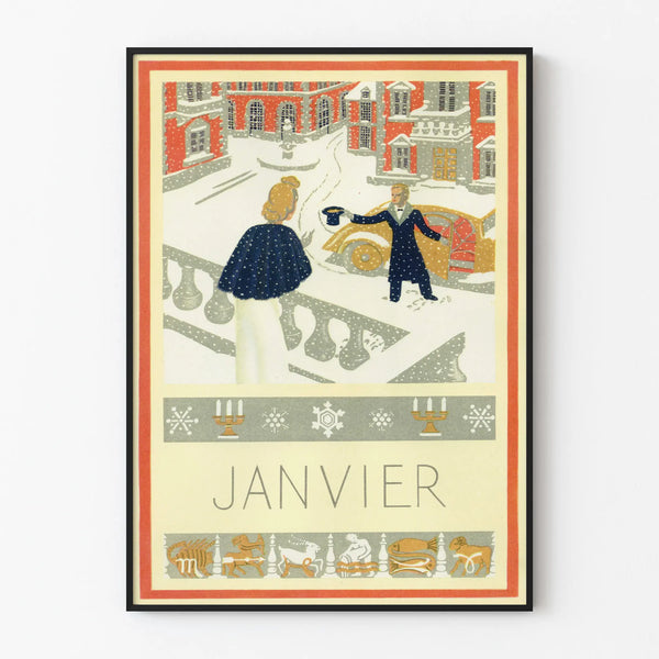 Vintage decorative poster January with winter scene and astrological elements