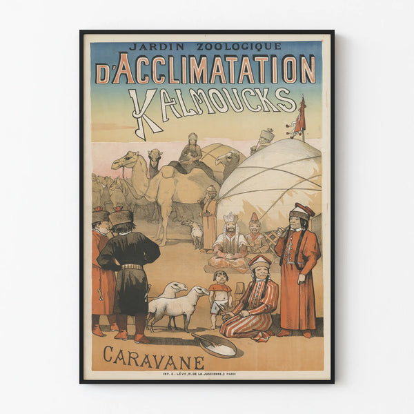 Vintage poster of the Jardin Zoologique d'Acclimatation featuring Kalmoucks and a caravan
