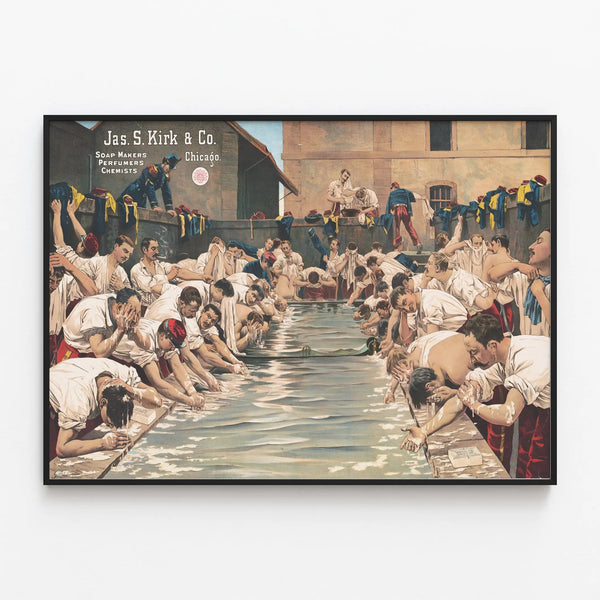 Vintage Poster Jas. S. Kirk & Co. - Male Washing Scene — framed artwork on a wall
