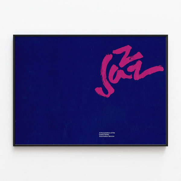 Minimalist Blue and Pink Jazz Design Poster — framed artwork on a wall