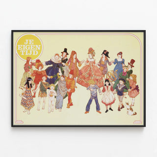 Decorative Poster Je Eigen Tijd - Illustration of Historical Characters and Children — framed artwork on a wall