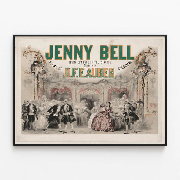 Vintage poster of comic opera Jenny Bell by D.F.E. Auber — framed artwork on a wall