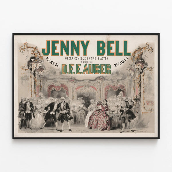 Vintage poster of comic opera Jenny Bell with Baroque decor — framed artwork on a wall