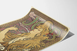 Decorative Art Nouveau poster with stylized woman and golden motifs